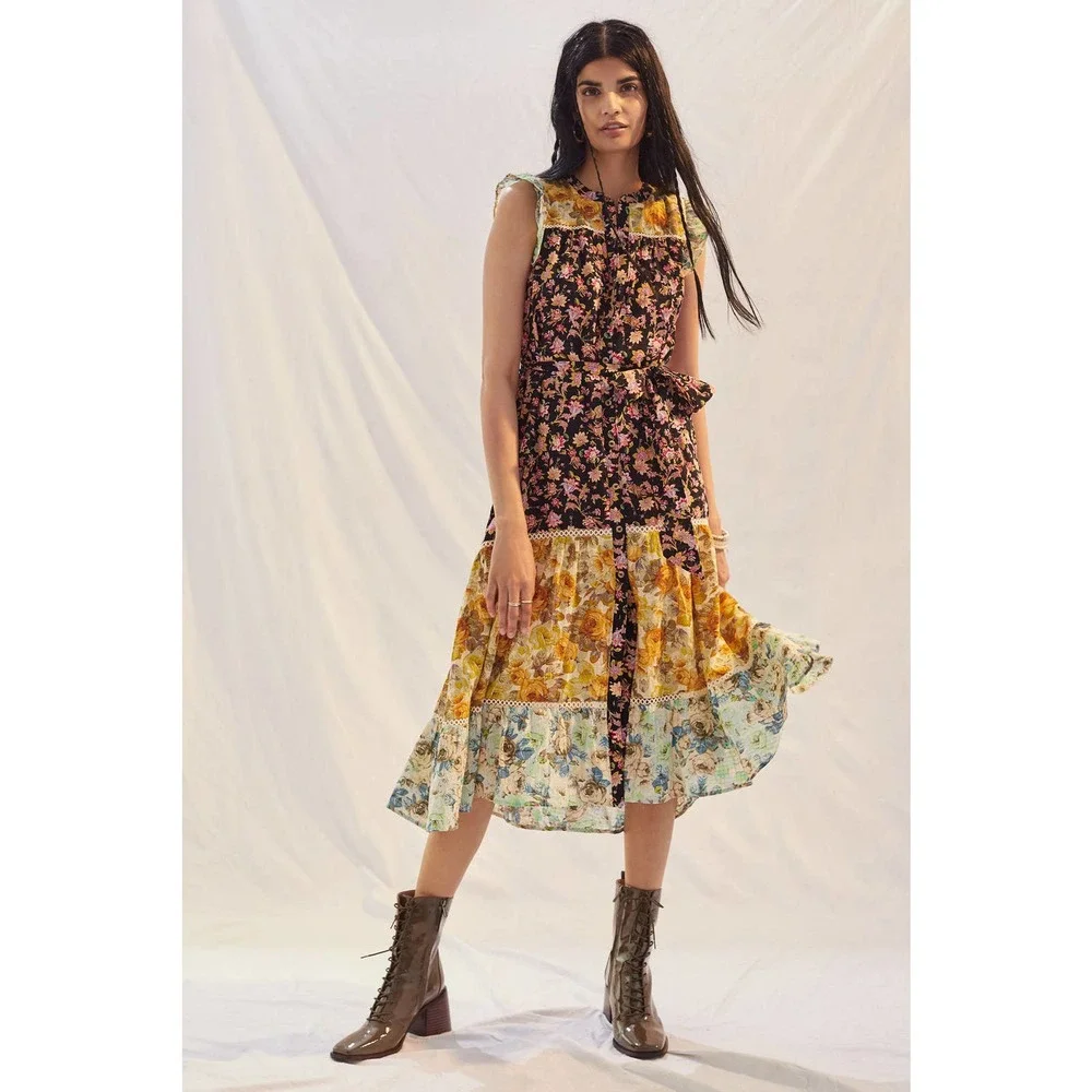 New Anthropologie Ruffled Boho Inspired Floral Midi Dress $170 XS - Picture 1 of 9
